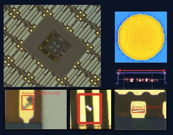 2.5D 검사로 검출한 실제 불량 캡처 — 칩 다이 전경, 범프 직경 계측, 미세 회로 패턴 이물